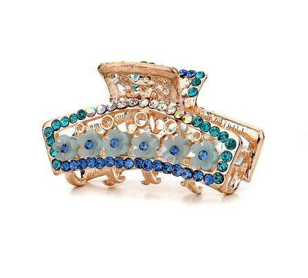 Hair Jewelry Crystal Rhinestone Flowers Metal Hair Clip Claw Clamp - Blue