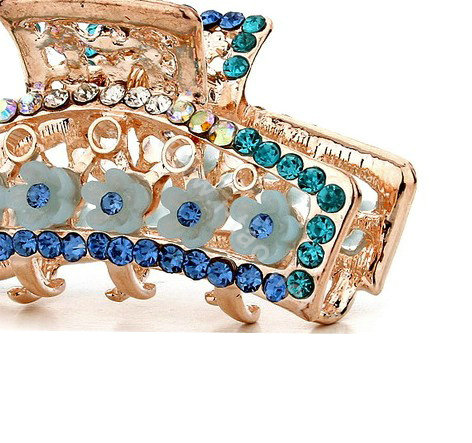 Hair Jewelry Crystal Rhinestone Flowers Metal Hair Clip Claw Clamp - Blue
