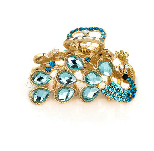 Hair Jewelry Crystal Rhinestone Peacock Metal Hair Clip Claw Clamp - Blue