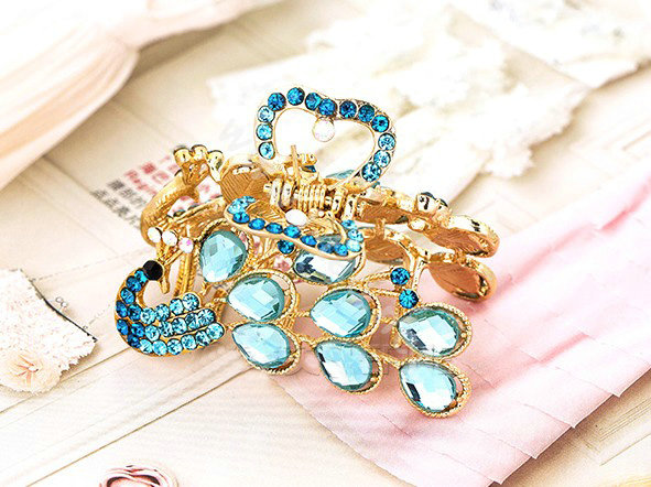 Hair Jewelry Crystal Rhinestone Peacock Metal Hair Clip Claw Clamp - Blue