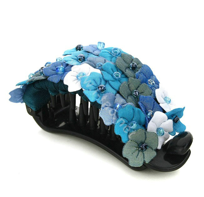 Hair Jewelry Fabric Flower Bead Rhinestone Hairpin Hair Claw Clip Clamp - Blue