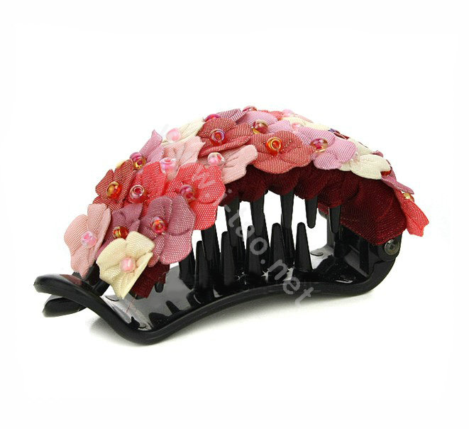 Hair Jewelry Fabric Flower Bead Rhinestone Hairpin Hair Claw Clip Clamp - Red