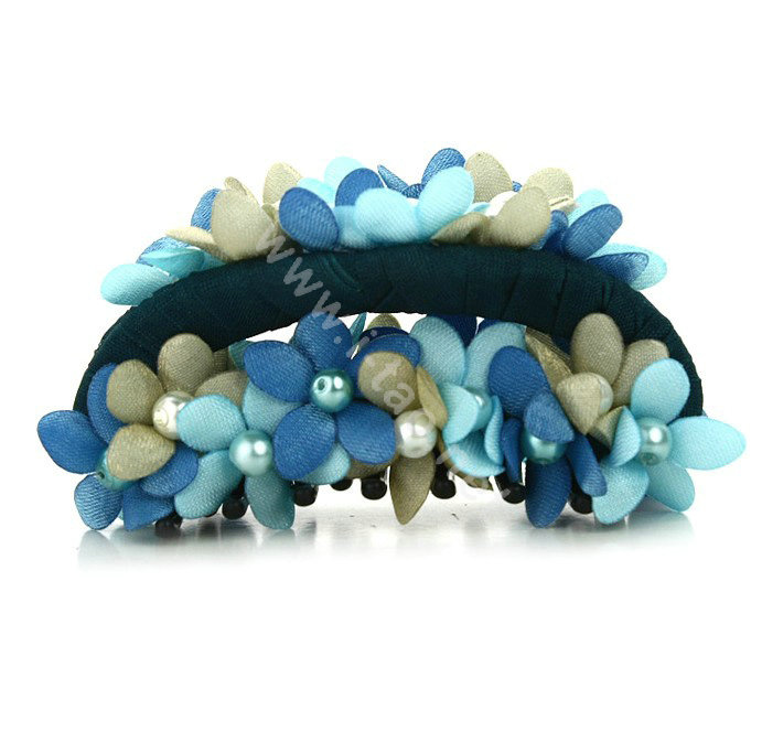 Hair Jewelry Fabric Flower Pearl Rhinestone Hairpin Hair Claw Clip Clamp - Blue