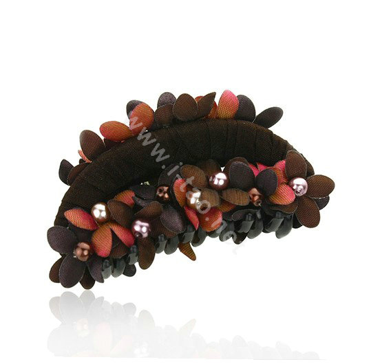 Hair Jewelry Fabric Flower Pearl Rhinestone Hairpin Hair Claw Clip Clamp - Coffee