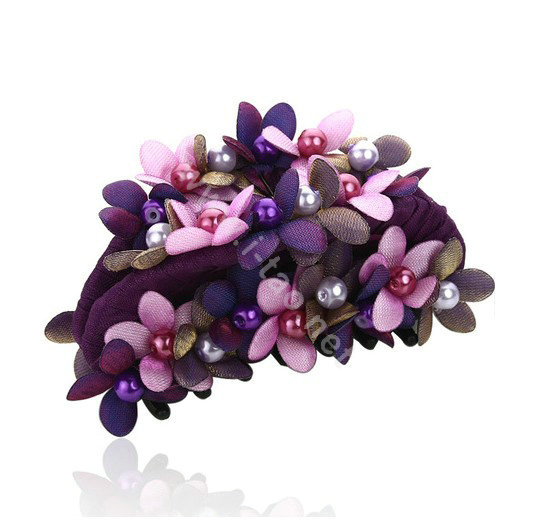 Hair Jewelry Fabric Flower Pearl Rhinestone Hairpin Hair Claw Clip Clamp - Purple