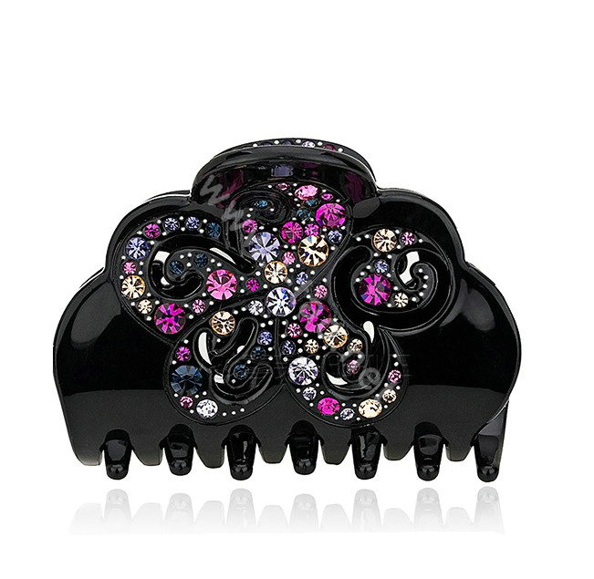 Hair Jewelry Floral Diamond Rhinestone Crystal Hair Clip Claw Clamp - Black