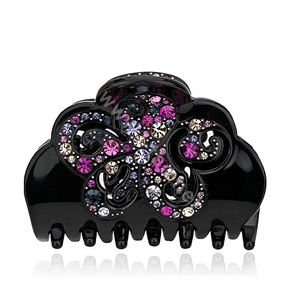 Hair Jewelry Floral Diamond Rhinestone Crystal Hair Clip Claw Clamp - Black