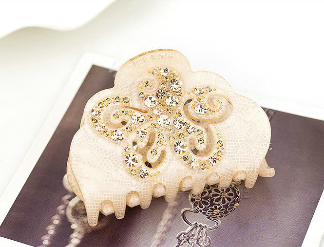 Hair Jewelry Floral Diamond Rhinestone Crystal Hair Clip Claw Clamp - Champagne