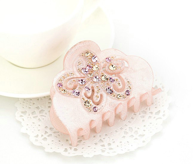 Hair Jewelry Floral Diamond Rhinestone Crystal Hair Clip Claw Clamp - Pink