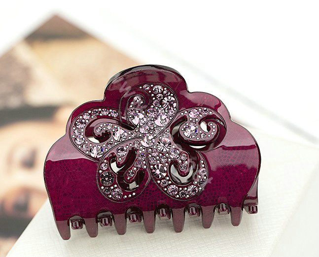 Hair Jewelry Floral Diamond Rhinestone Crystal Hair Clip Claw Clamp - Purple