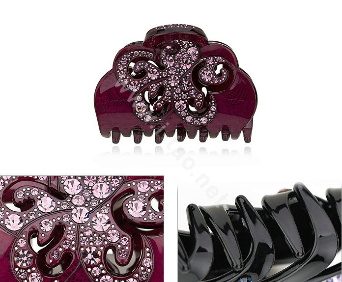 Hair Jewelry Floral Diamond Rhinestone Crystal Hair Clip Claw Clamp - Purple