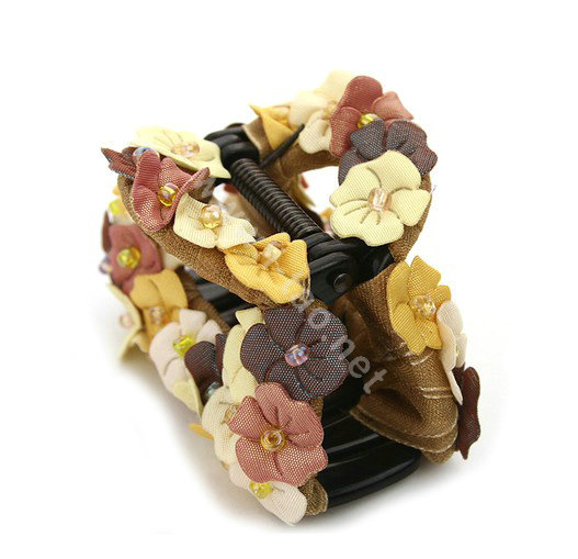 Hair Jewelry Flower Fabric Crystal Rhinestone Hair Claw Clip Clamp - Beige