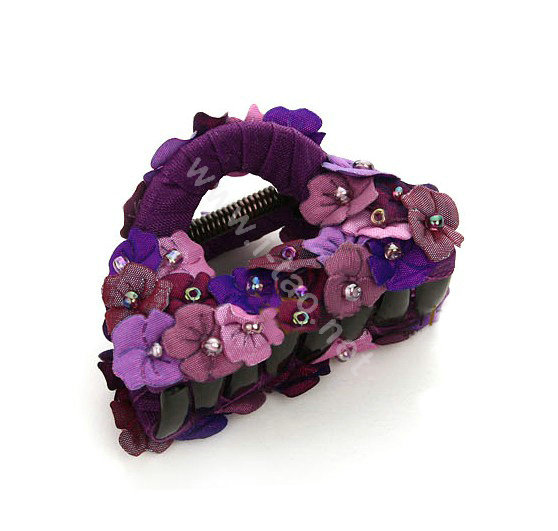 Hair Jewelry Flower Fabric Crystal Rhinestone Hair Claw Clip Clamp - Purple