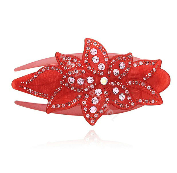 Hair Jewelry Rhinestone Crystal Flower Hairpin Hair Clip Claw Clamp - Red