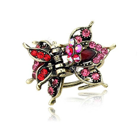 Retro Hair Jewelry Rhinestone Crystal Metal Hair Clip Claw Clamp - Red