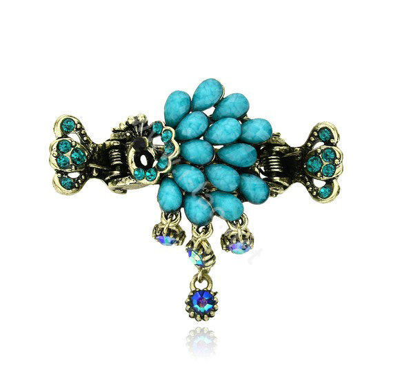 Retro Sparkly Crystal Peacock Metal Hair Barrette Clip Hair Claw Clamp - Blue