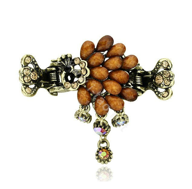 Retro Sparkly Crystal Peacock Metal Hair Barrette Clip Hair Claw Clamp - Coffee
