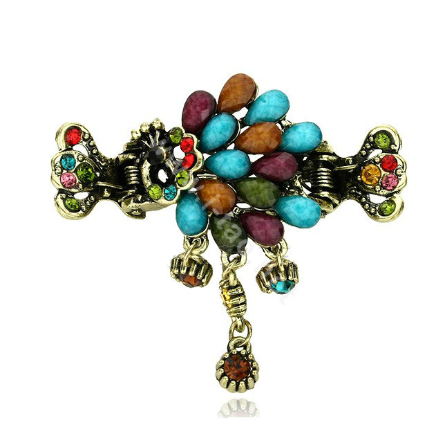 Retro Sparkly Crystal Peacock Metal Hair Barrette Clip Hair Claw Clamp - Multicolor