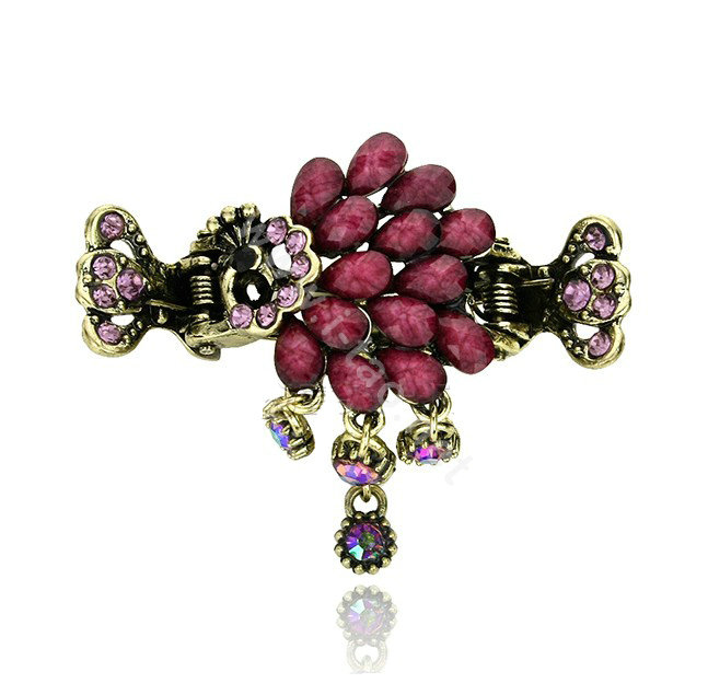 Retro Sparkly Crystal Peacock Metal Hair Barrette Clip Hair Claw Clamp - Purple