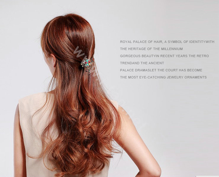 Vintage Sparkly Crystal Flower Gold Plated Metal Hair Barrette Clip Hair Accessory - Blue