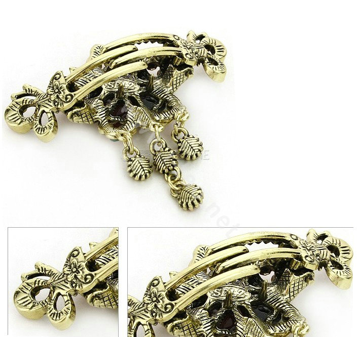 Vintage Sparkly Crystal Flower Gold Plated Metal Hair Barrette Clip Hair Accessory - Gray