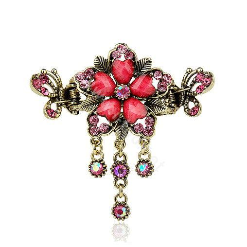 Vintage Sparkly Crystal Flower Gold Plated Metal Hair Barrette Clip Hair Accessory - Red