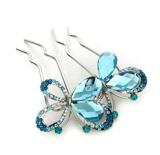 Elegant Hair Jewelry Rhinestone Crystal Butterfly Metal Hairpin Clip Comb - Blue