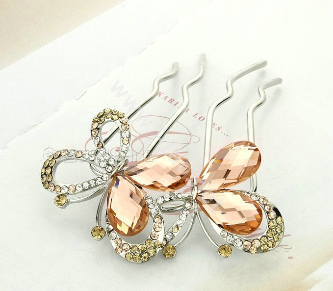 Elegant Hair Jewelry Rhinestone Crystal Butterfly Metal Hairpin Clip Comb - Champagne