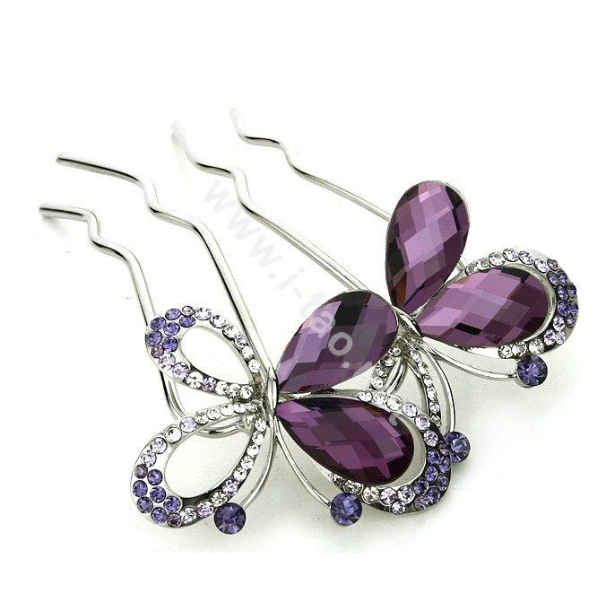 Elegant Hair Jewelry Rhinestone Crystal Butterfly Metal Hairpin Clip Comb - Purple