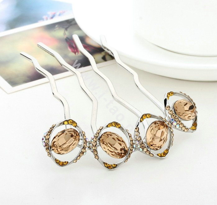 Elegant Hair Jewelry Rhinestone Crystal Circle Metal Hairpin Clip Comb - Champagne