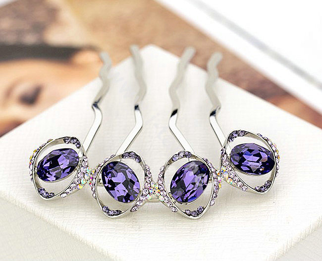 Elegant Hair Jewelry Rhinestone Crystal Circle Metal Hairpin Clip Comb - Purple