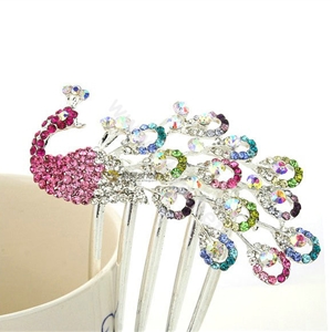 Elegant Hair Jewelry Rhinestone Crystal Peacock Metal Hairpin Clip Comb - Multicolor