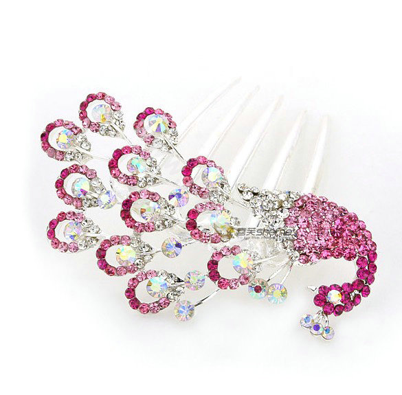 Elegant Hair Jewelry Rhinestone Crystal Peacock Metal Hairpin Clip Comb - Pink