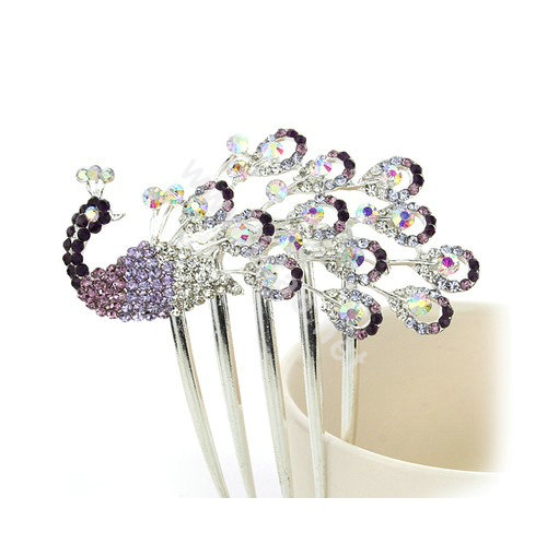 Elegant Hair Jewelry Rhinestone Crystal Peacock Metal Hairpin Clip Comb - Purple