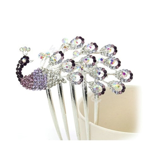 Elegant Hair Jewelry Rhinestone Crystal Peacock Metal Hairpin Clip Comb - Purple