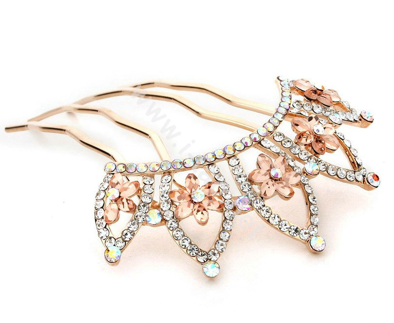 Hair Accessories Crystal Rhinestone Flower Crown Metal Hair Pin Clip Comb - Brown White
