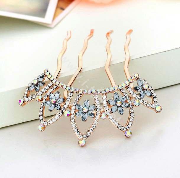 Hair Accessories Crystal Rhinestone Flower Crown Metal Hair Pin Clip Comb - Gray