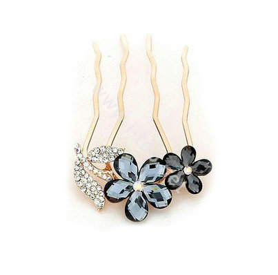Hair Accessories Crystal Rhinestone Flower Metal Hair Pin Clip Comb - Black