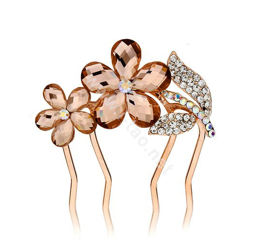 Hair Accessories Crystal Rhinestone Flower Metal Hair Pin Clip Comb - Brown White