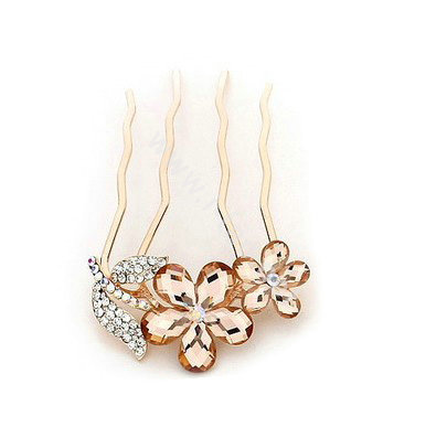 Hair Accessories Crystal Rhinestone Flower Metal Hair Pin Clip Comb - Brown White
