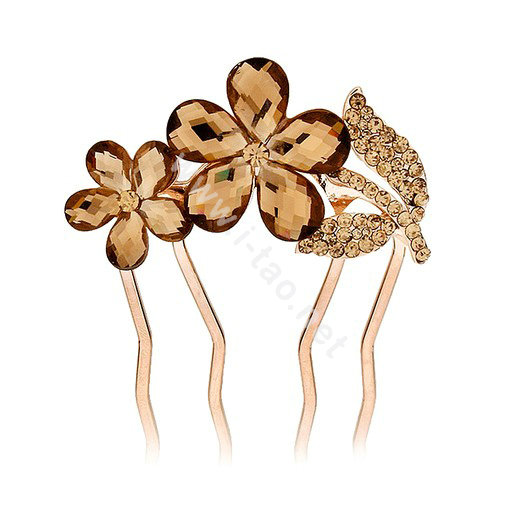 Hair Accessories Crystal Rhinestone Flower Metal Hair Pin Clip Comb - Brown