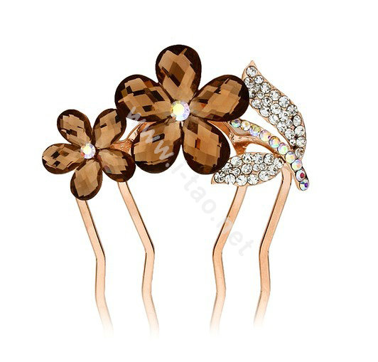 Hair Accessories Crystal Rhinestone Flower Metal Hair Pin Clip Comb - Coffee