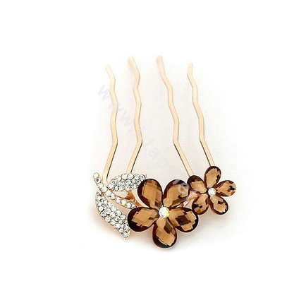 Hair Accessories Crystal Rhinestone Flower Metal Hair Pin Clip Comb - Coffee