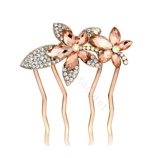 Hair Accessories Metal Crystal Rhinestone Flower Hair Pin Clip Comb - Brown White