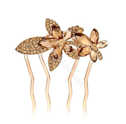 Hair Accessories Metal Crystal Rhinestone Flower Hair Pin Clip Comb - Coffee