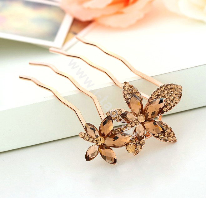 Hair Accessories Metal Crystal Rhinestone Flower Hair Pin Clip Comb - Coffee