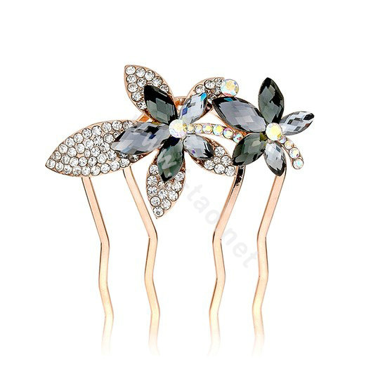 Hair Accessories Metal Crystal Rhinestone Flower Hair Pin Clip Comb - Gray