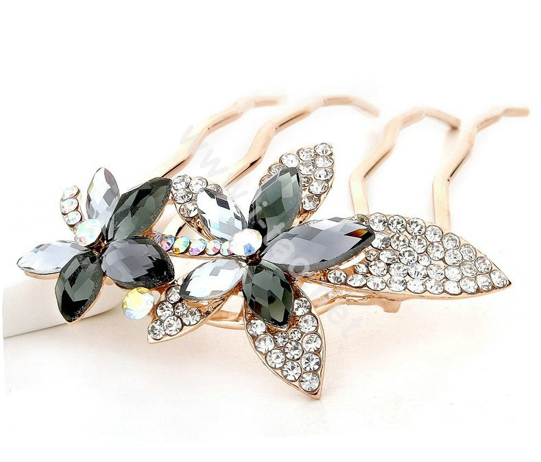 Hair Accessories Metal Crystal Rhinestone Flower Hair Pin Clip Comb - Gray
