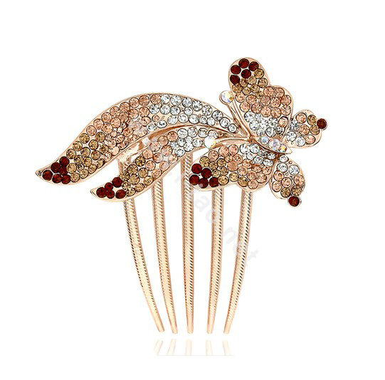 Hair Accessories Rhinestone Crystal Butterfly Metal Hair Pin Clip Comb - Champagne