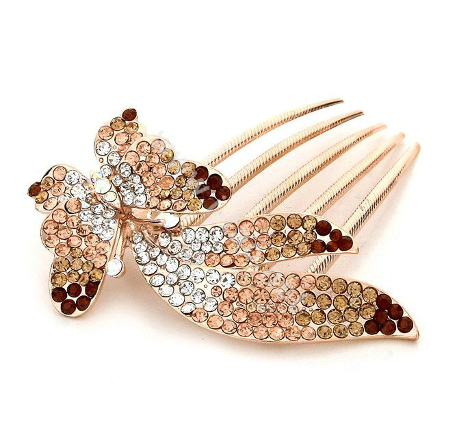Hair Accessories Rhinestone Crystal Butterfly Metal Hair Pin Clip Comb - Champagne